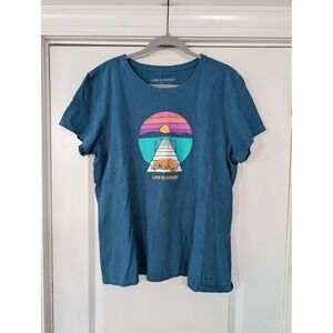 Life is Good Crusher Tee T Shirt Womens XL Teal Sunset Dog Graphic Top